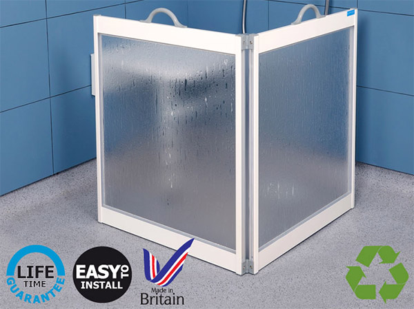 Four panel fold away carer screens by contour showers ltd. Available in white or luxe silver